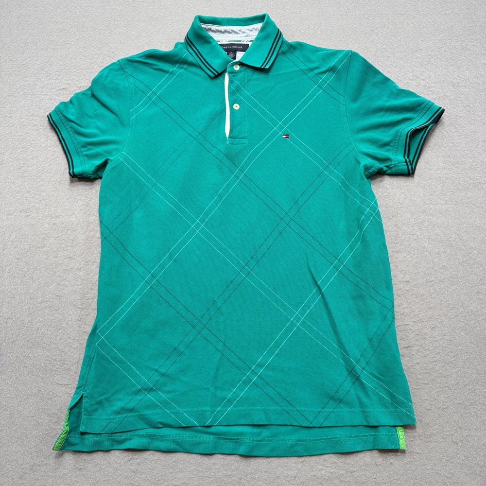 Tommy Hilfiger Polo Shirt Men's Medium Green Diamond Short Sleeve Cotton Active